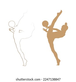 The silhouette of the gymnast, who raises her foot in twine, catches the ball in balance.