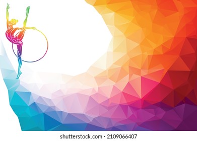 Silhouette of gymnastic girl with hoop on rainbow back