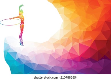 Silhouette of gymnastic girl with hoop on rainbow back