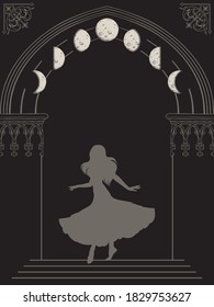 Silhouette of gypsy woman in gothic arch with moon phases hand drawn vector illustration. Frame or print design.