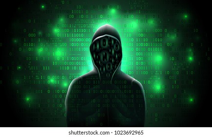 Silhouette of a hacker in a hood with binary code on a luminous green background, hacking of a computer system, theft of data