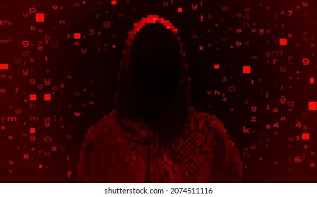 Silhouette of a hacker on a background with binary code and lights, hacking of a computer system, theft of data