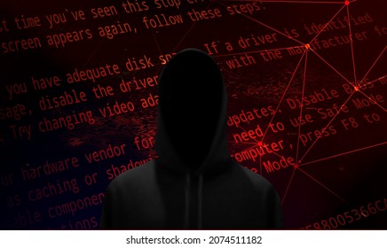 Silhouette de un hacker en un fondo con código y luces, hackeo de un sistema informático, robo de datos