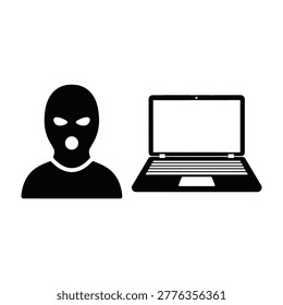 Silhouette of a hacker wearing a balaclava next to a laptop computer, representing cybercrime and technology