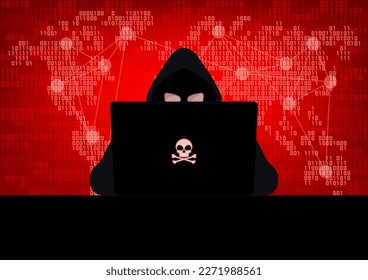 Silhouette of hacker wearing hood using laptop computer with glow in the dark red skull and crossbones logo in dark room on red binary code number with world map background