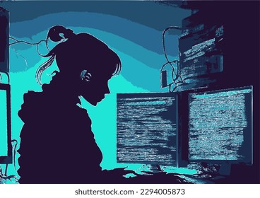 Silhouette of a hacker working on a computer in a dark room
