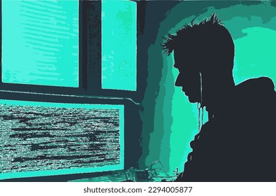 Silhouette of a hacker working on a computer in a dark room