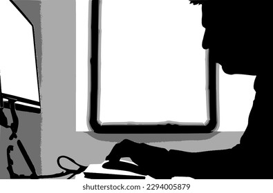 Silhouette of a hacker working on a computer in a dark room