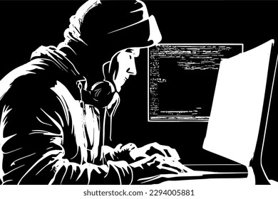Silhouette of a hacker working on a computer in a dark room
