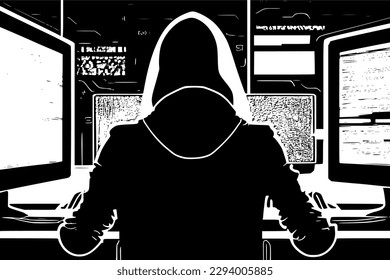 Silhouette de un hacker trabajando en una computadora en un cuarto oscuro