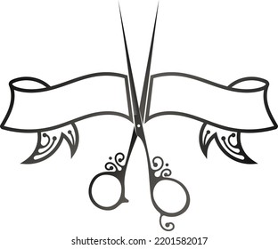 Silhouette of hair stylist scissors and decorative ribbon. Design for hair stylist and beauty salon