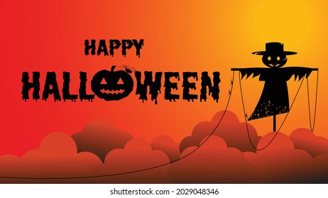 silhouette halloween background. Happy halloween with scarecrow and spiders