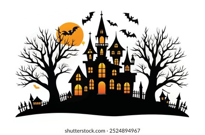 Castillo de Halloween de la silueta, casas embrujadas o pueblo espeluznante con árboles. aislado en el fondo blanco, Vector, EPS