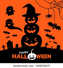 Silhouette of Halloween characters, Black Halloween characters on orange background with happy Halloween text.