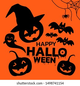 Silhouette of Halloween characters icon, Black Halloween characters on orange background with happy Halloween text.