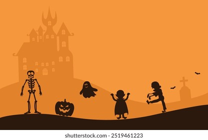 Silhouette  Halloween characters of skeleton, pumpkin, ghost, zombie on orange background with copy space for your text, Vector illustration
