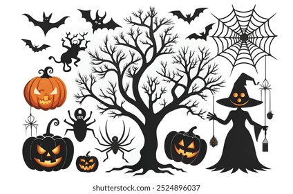 Silhouette Halloween collection with pumpkin, bat, ghost, spider web, witch and spooky tree. isolated on white background, Vector