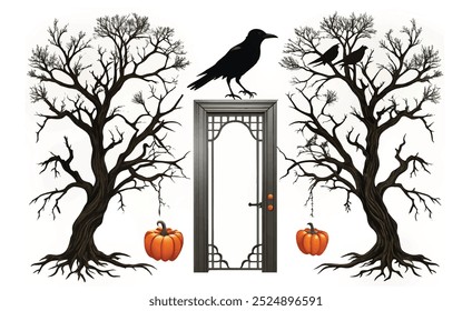 Silhouette Halloween     collection with Raven Bird at Bare Tree Branches Entrance. isolated on white background, Vector