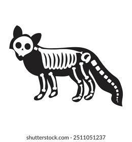 Silhouette Halloween curious fox animal with roentgen skeleton bones, fairy tale creepy character. Scary shadow outline of curious fox. Simple black and white Vector isolated on white background