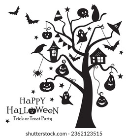 Silhouette Halloween design. Tree and Halloween ornaments. For greeting cards, invitation cards, stickers, posters flyer and banners etc.