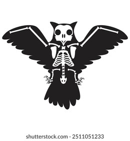 Silhouette Halloween flying eagle owl with roentgen skeleton bones, fairy tale creepy character. Scary shadow outline of flying eagle owl. Simple black and white Vector isolated on white background