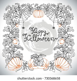 Silhouette of Halloween frame with pumpkins and lettering on textured background. Hand drawn illustration with design elements  