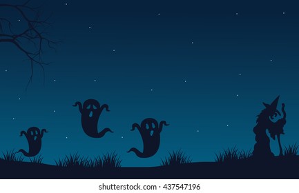 Silhouette of Halloween ghost and witch with blue backgronds
