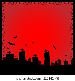 Silhouette of Halloween graveyard with bats flying around.