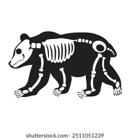 Silhouette Halloween Grizzly bear with roentgen skeleton bones, fairy tale creepy character. Scary shadow outline of Grizzly bear. Simple black and white Vector isolated on white background