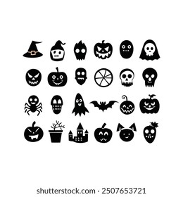 Silhouette Halloween handgezeichnete Icon Set Vektorgrafik. Perfekt, um Ihren Designs eine gespenstische Note zu verleihen, sind diese unheimlichen Icons ideal für Halloween-Dekorationen, Einladungen und mehr.