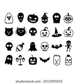 Silhouette Halloween Hand-Drawn Icon Set Vector Illustration.