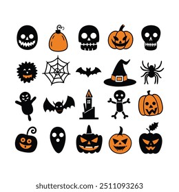 Silhouette Halloween Hand-Drawn Icon Set Vector Illustration.