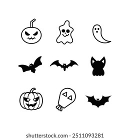 Silhouette Halloween Hand-Drawn Icon Set Vector Illustration.