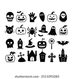 Silhouette Halloween Hand-Drawn Icon Set Vector Illustration.