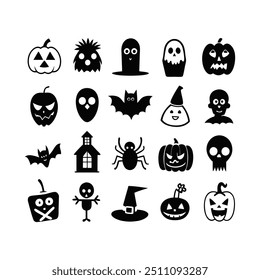 Silhouette Halloween Hand-Drawn Icon Set Vector Illustration.
