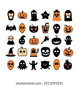 Silhouette Halloween Hand-Drawn Icon Set Vector Illustration.