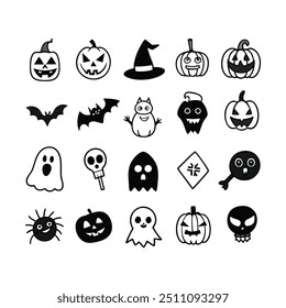 Silhouette Halloween Hand-Drawn Icon Set Vector Illustration.