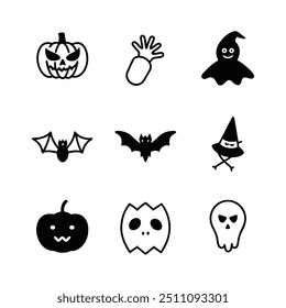 Silhouette Halloween Hand-Drawn Icon Set Vector Illustration.