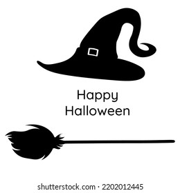 silhouette halloween hat and broom. Halloween Witch Attributes. vector illustration