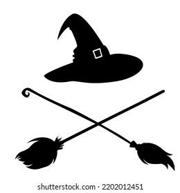 silhouette halloween hat and broom. Halloween Witch Attributes. vector illustration
