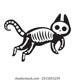 Silueta de Halloween enorme gato con huesos de esqueleto roentgen, personaje espeluznante de cuento de hadas. Esbozo de sombra aterrador de gato enorme . Vector blanco y negro simple aislado en el fondo blanco