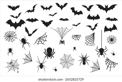Silhouette Halloween Icons Set with Bats, Spiders, and Webs, silhouette Halloween icons, bats silhouettes, spider web silhouette icons,