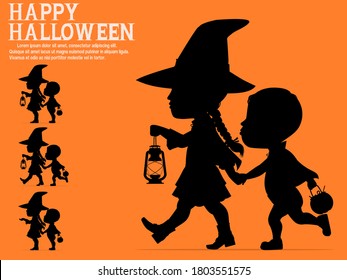 silhouette of Halloween kids on orange background
