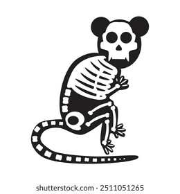 Silhouette Halloween little mouse with roentgen skeleton bones, fairy tale creepy character. Scary shadow outline of little mouse. Simple black and white Vector isolated on white background