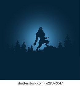 Silhouette halloween night background with werewolf.Vector illustration.