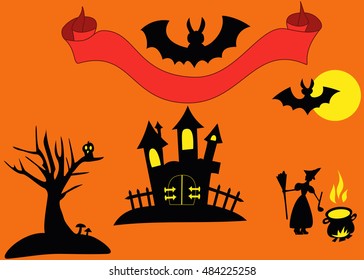 Silhouette of Halloween objects as ghost's house, tree with mushrooms and owl, witch with pot, bat (rear mouse), red ribbon for text or name on the orange background