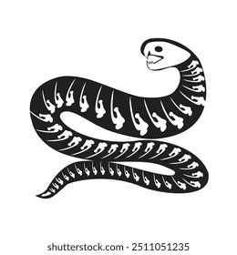 Silhouette Halloween poisonous aggressive snake with roentgen skeleton bones, fairy tale creepy character. Scary shadow outline of snake. Simple black and white Vector isolated on white background