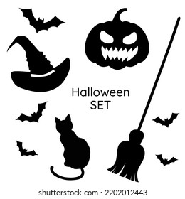 silhouette halloween pumpkin, hat and broom, bats and cat. Halloween Witch Attributes. vector illustration