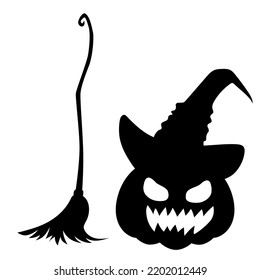 silhouette halloween pumpkin in hat and broom. Halloween Witch Attributes. vector illustration