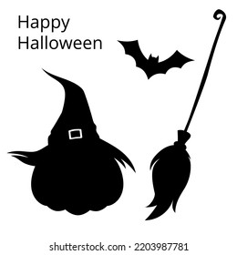 silhouette halloween pumpkin in hat and broom and bat. Halloween Witch Attributes. vector illustration